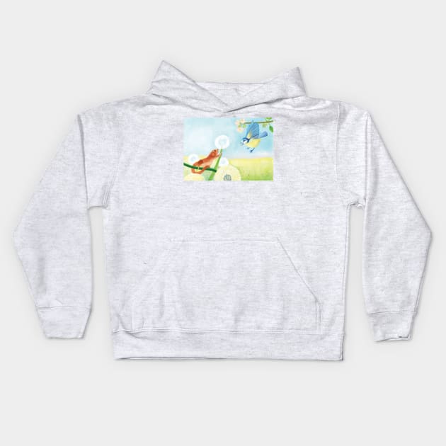 Hazel Dormouse & Great Tit Illustration Kids Hoodie by Julia Doria Illustration